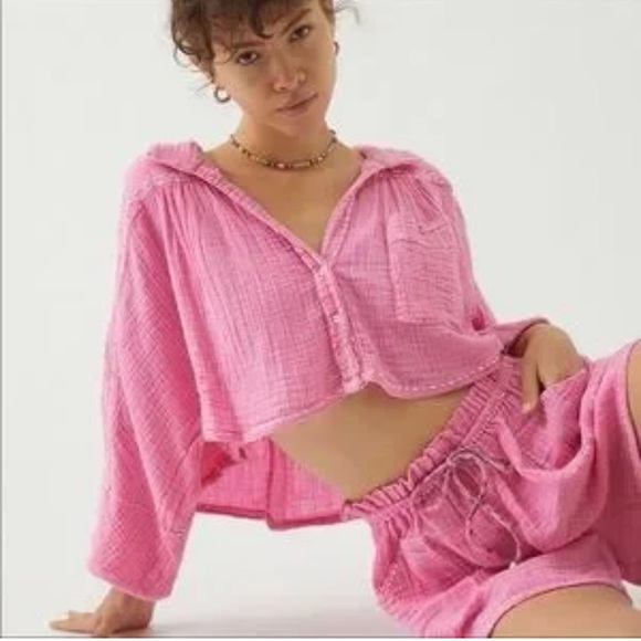 Free People Other - FREE PEOPLE Elora Pink Cropped Oversized Button Down Size Small